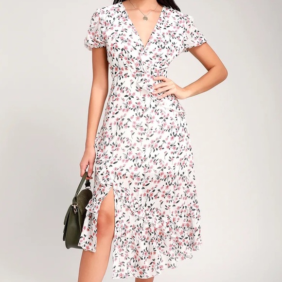 Lulus Dresses & Skirts - Lulu’s NEW Petals and Poetry White Floral Print Ruffled Midi Dress S